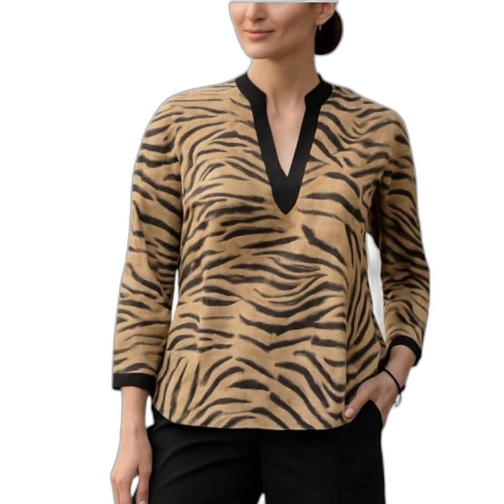 Chico's Silk Tunic Blouse Women's Size Small Animal Print V-Neck Long Sleeve